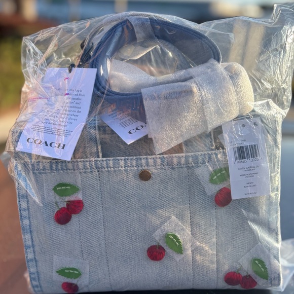 NWT Cherry Embroidered Denim Cargo Tote 26 In Original Packaging Cherries π - Picture 3 of 11